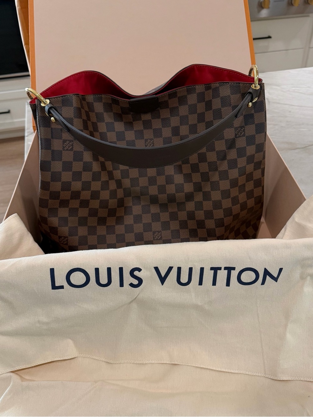 Louis Vuitton Damier Ebene Tote with Red Interior and Gold Hardware